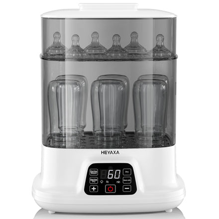 Baby bottle sterilizer with multiple bottles inside on a white background