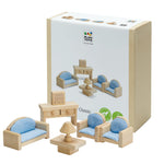PlanToys® Living Room Classic Set for Montessori Inspired Small World Play | Imaginative Storytelling, Social Interaction and Home Role Play | Eco Friendly Wooden Dollhouse Living Room Furniture