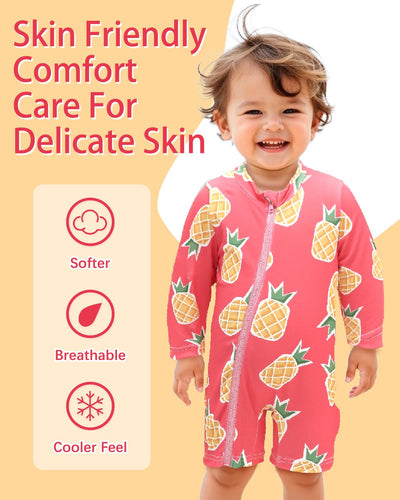 ALVABABY 3-6M Long Sleeve Zip Rashguards, Baby/Toddler Girls' Rash Guard Sets, Boy's Swimsuit UPF 50+ Sun Protection One Piece Zipper Bathing Suit ST-Q02-3-6M Pink Pineapple