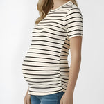 Motherhood Maternity Women's Short Sleeve Crew Neck Side Ruching Pregnancy Tee Shirt, Vanilla/Black Stripe, Large