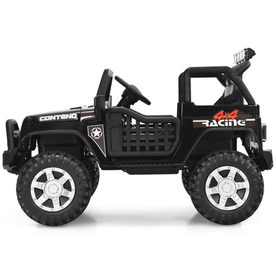 Costzon 2-Seater Ride on Truck, 12V Battery Powered Electric Vehicle w/Remote Control, 2 Speeds, Spring Suspension, LED Light, Horn, Music/ MP3, 2 Doors Open, Ride on Car for Kids (Black)