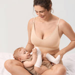 MOMANDA Sleep Nursing Bras for Breastfeeding Seamless Wirefree Maternity Bra V Neck Comfortable Bralette Beige Medium