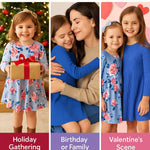 PATPAT Toddler Girl 2-Pack Long Sleeve A-line Dress Set School Days & Special Events, Deep Blue Camellia, 3 Years