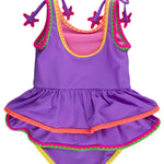 RuffleButts Girls UPF50+ Crochet Detail Peplum One Piece Swimsuit - Neon Purple, 2T