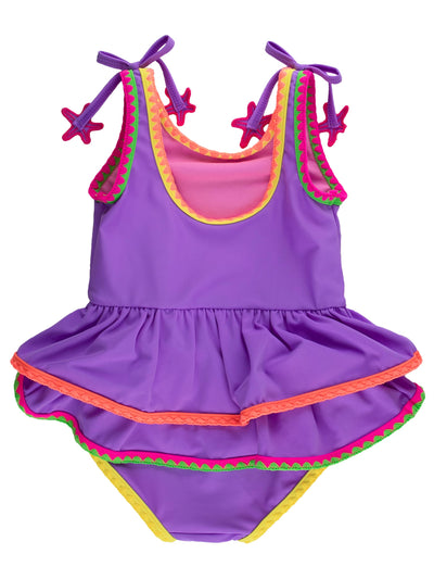 RuffleButts Girls UPF50+ Crochet Detail Peplum One Piece Swimsuit - Neon Purple, 2T