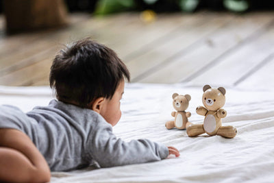 PlanToys® Bear & Little Bear Wooden Rattle & Teether Set | Montessori Sensory Toy for Grasping, Auditory Learning & Motor Skills | Eco-Friendly Infant Educational Toy