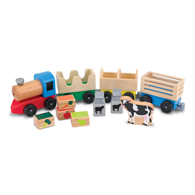 Wooden toy train set with farm animals and crates on a white background