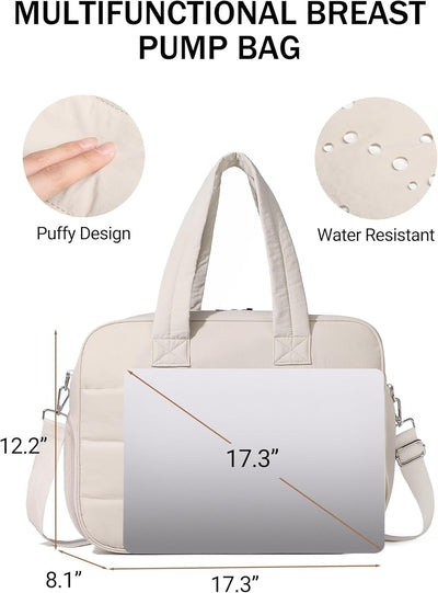 Diaper Bag with Breast Pump Laptop Compartment, Puffer Quilted Tote Bag with Baby Changing Pad Stroller Buckle Straps