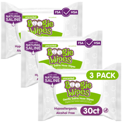 Three packages of Boogie Wipes nose wipes on a white background