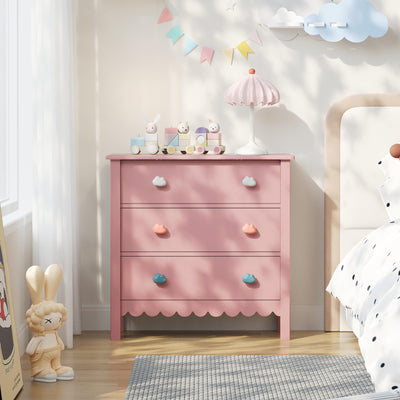 FUNKOCO Pink Nightstand, 27.56" Wide 3 Drawer Night Stand for Bedroom, Cute Scalloped Dresser Bedside Table for Bedroom, Hallway, Living Room