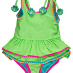 RuffleButts Girls UPF50+ Crochet Detail Peplum One Piece Swimsuit - Neon Honeydew, 2T
