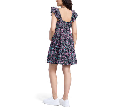Motherhood Maternity Women's Short Flutter Sleeve Tiered Pregnancy Dress, Black Floral, Large