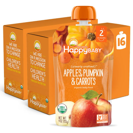 Happy Baby organic baby food package with apples, pumpkin, and carrots on a white background