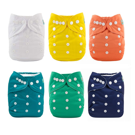 Set of six colorful cloth diapers with button closures on a white background