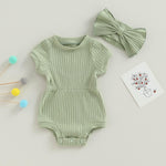 FOCUSNORM Baby Girl Summer Clothes Ribbed Short Sleeve Romper Solid Color Bodysuits Bow Headband Outfit Newborn Girl Jumpsuit (Pea Green, 0-3 Months)