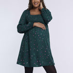 Motherhood Maternity Women's Long Sleeve Smocked Babydoll Mini Dress, Teal Ditsy, Small