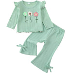 Kucnuzki Toddler Girl Clothes Long Sleeve Round Neck Tops Ruffle Floral Shirts Solid Color Bell Bottom Pants For Baby Girl Clothes 18-24 Months 2 Piece Outfit