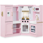 Best Choice Products Pretend Play Corner Kitchen, Ultimate Interactive Wooden Kids Playset w/Lights & Sounds, Ice Maker, Hood - Bevel Pink