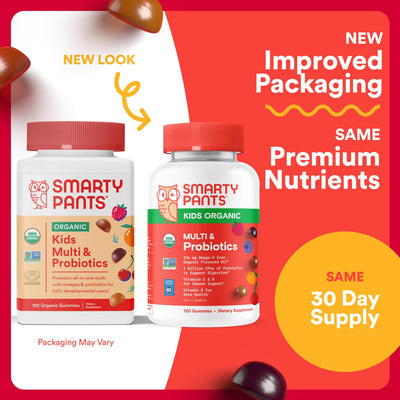 SmartyPants Organic Kids Multivitamin Gummies: Probiotics, Omega 3 (ALA), Vitamin D3, C, Vitamin B12, B6, A, K & Zinc for Immune Support, Biotin, Three Fruit Flavors, 120 Count (30 Day Supply)