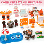 Doll House for Girls Toddler Toys with 4 Doll Toy Figure, Pool Slide, Elevator, Furniture, Pretend Play Dream Dollhouse Playset with Lights Gifts for Kids Girls Age 3 4 5 6-12 Year Old
