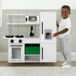 Delta Children Deluxe Modern Kitchen - Toy Kitchen Playset with Realistic Knobs that Turn/Click, Oven, Sink and Fridge/Freezer with Ice Maker, White