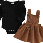 Newborn Baby Girl Outfits Ruffle Long Sleeve Ribbed Romper Corduroy Suspender Skirt Overall Dress Fall Clothes