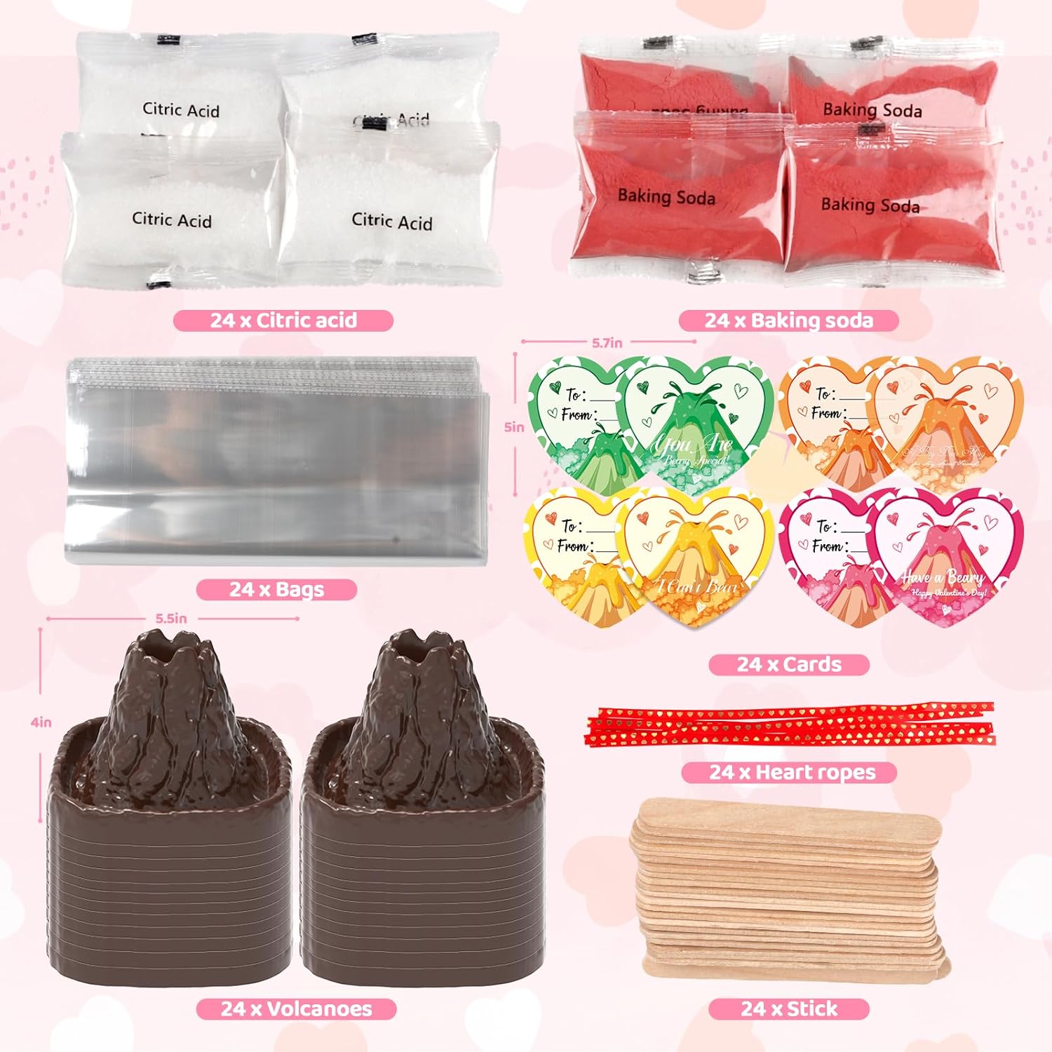 Valentines Day Large Volcano Science Kit - 24 Pack Valentines Day Gift Cards for Kids, Volcano Erupting Experiment Toys STEM Educational Toys for Classroom Exchange School Activities Party Favors