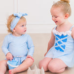 RuffleButts Baby Girls UPF50+ Princess Long Sleeve Bow Skirted One Piece Swimsuit - Crystal Blue Princess, 12-18m