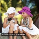 Baby Girl Sun Hat with UPF 50+ Outdoor Adjustable Beach Hat with Wide Brim Bucket Hats (12-24 Months,White & Purple 2pcs)