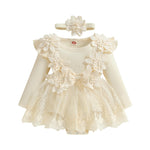 ZAXARRA Infant Baby Girl Romper Dress Baby Dress Romper Flowers Lace Fall Winter Clothes with Headband (Khaki, 0-3 Months)