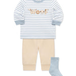 Little Me Clothes for Baby Boys' Woof Jogger Set with Socks, Tan Woof, 3 Months