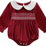 Baby Girl Christmas Outfit Velvet Bow Smocked Bubble Romper Ruffle Onesie Bodysuit Infant Fall Winter Clothes