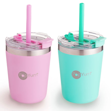 Two colorful tumblers with straws on a white background, featuring the brand 'PopYum'.