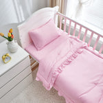 3 Pieces Crib Bedding Set Baby Ruffle Quilted Comforter with Fitted Sheet and Pillowcase - Cute Ruffled Shabby Chic Bedding Soft Blanket Design Pink