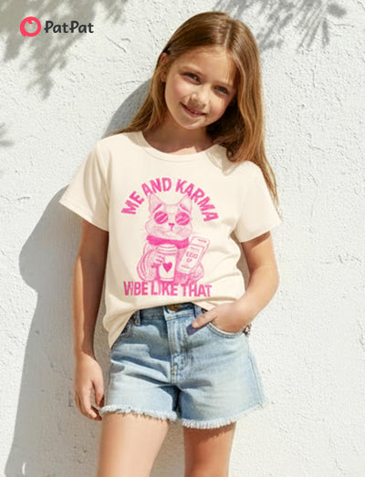 PATPAT Girls T Shirts Size 7-8 Years, Beige Cat Print Graphic Tees, Crew Neck Short Sleeve Shirts Fashion Clothes Preppy Outfit Cheer Tops