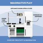 Delta Children Deluxe Modern Kitchen - Toy Kitchen Playset with Realistic Knobs that Turn/Click, Oven, Sink and Fridge/Freezer with Ice Maker, White