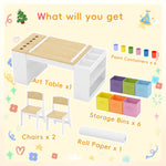 Callales Kids Art Table and 2 Chairs Set, Wooden Craft Desk with 2 Storage Shelves, 6 Storage Bins & Paper Roll for Drawing, Learning and Reading, Toddler Activity Play Desk for Home, 47 L x23 W