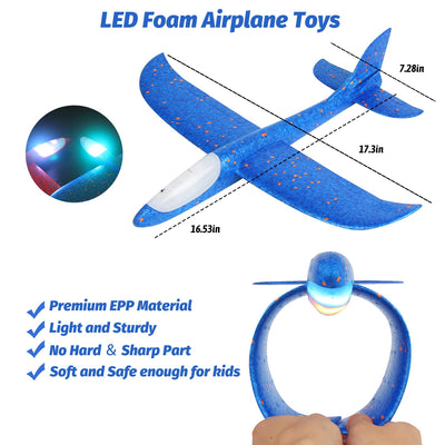 CCINEE 2 Pack LED Airplane Toys, 17.3 inch Large Throwing Foam Plane with Flashing Lights, 2 Flight Mode Glider Plane Outdoor Flying Toy for Kids Boys Girls Outdoor Sport Party Favors