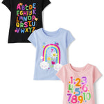 The Children's Place,And Toddler Girls Short Sleeve Graphic T-shirt 3-pack,Baby-Girls,Alaphabet/Numbers/Over the Rainbow,3T