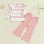 FOCUSNORM Toddler Baby Girl Outfits Ruffle Long Sleeve Striped Trim Tops + Flare Pants Set Toddler 2Pcs Fall Winter Clothes (Striped Pink, 18-24 Months)
