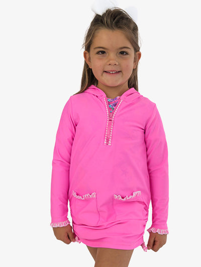 RuffleButts Girls UPF50+ Sun Protective Ruched Quarter-Zip Cover-Up - Neon Pink, 3-6m