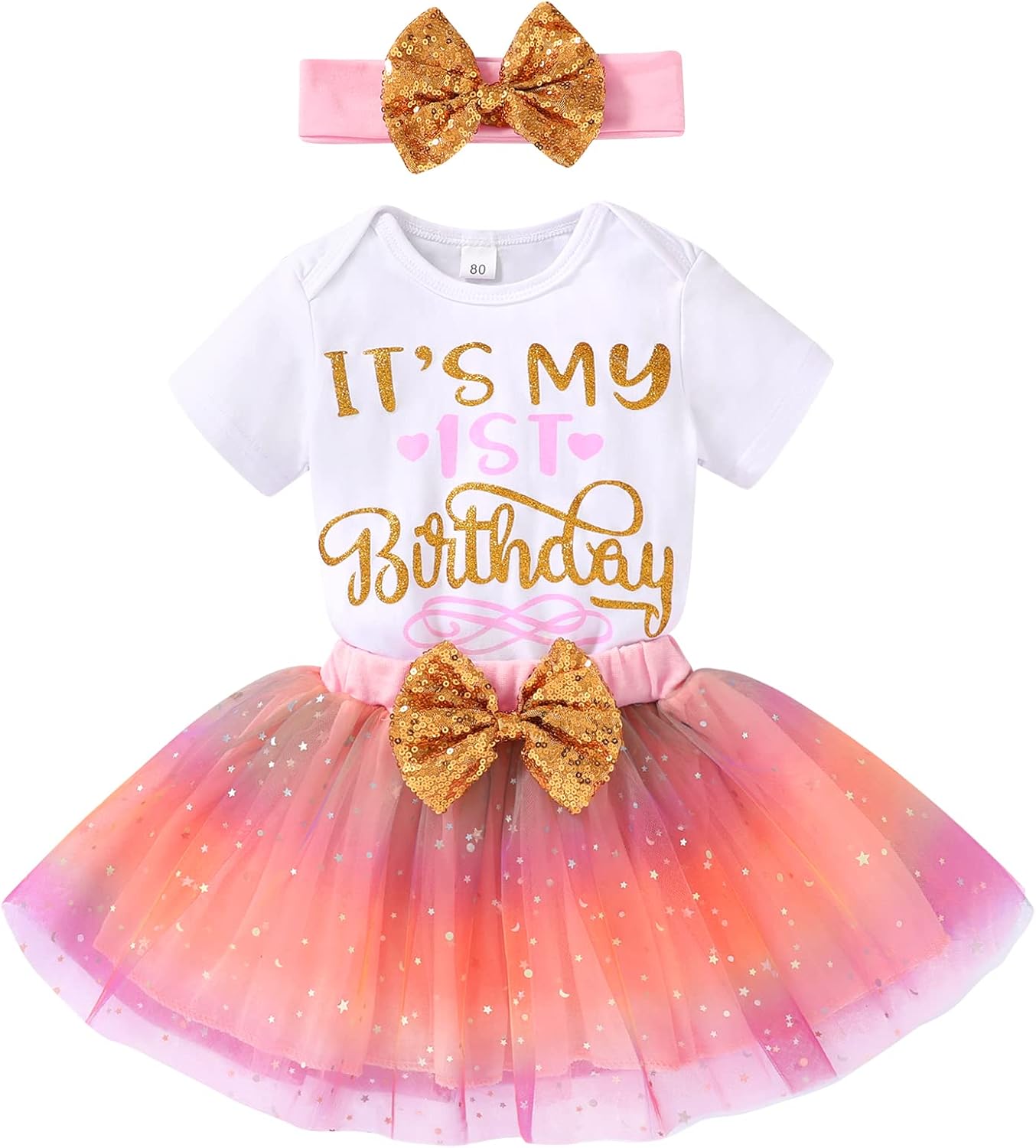 Newborn Baby Girls My 1st Birthday Dress Infant Shiny Printed Sequin Bowknot Tutu Princess Dress