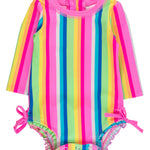RuffleButts Baby Girls UPF 50+ Sun Protection Novelty Print Long Sleeve One Piece Rash Guard Swimsuit with Zipper - Neon Rainbow Stripe, 2T