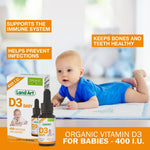 Certified Organic Vitamin D3 Drops - for Baby - 400 IU per Drop - 490 Servings - Development and Maintenance of Bones and Teeth - GMO Free - Gluten Free – 0.45 fl oz (13.5 ml)