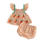 Afunbaby Baby Girl Summer Clothes Heart Print Ruffle Strap Tops Dress Shorts 2 Pcs Princess Fashion Outfit Sets (Orange plaid, 6-12 Months)