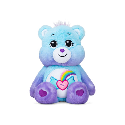 Blue and purple teddy bear with a rainbow and heart design on a white background