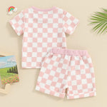 FOCUSNORM Toddler Baby Girl Outfit Newborn Girl Summer Clothes Short Sleeve T Shirt Checkerboard Top Set Elastic Waist Shorts (Checkerboard Pink, 12-18 Months)