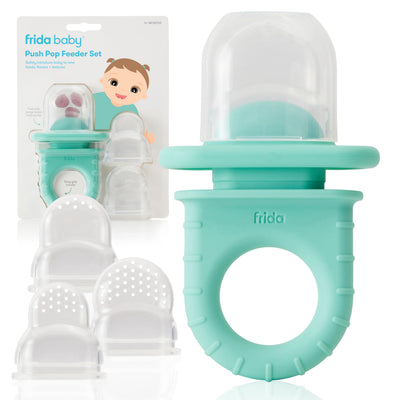 Teal baby feeder set with packaging on a white background
