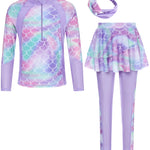 Girls Rash Guard Swimsuits Bathing Suit Long Sleeve Swimsuit Swimming Pants with Skirt Purple Mermaid 9-10 Years