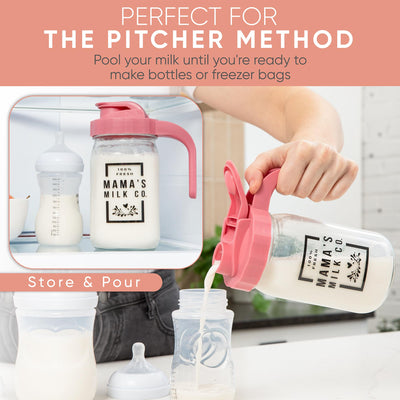 Breast Milk Pitcher with Leak Proof Pop Top Lid - Easy Pour Mason Jar Breastmilk Pitcher for Fridge – Glass Jug with Spout for Formula, Preparing Bottles, and Breast Milk Storage – Family-Owned Brand